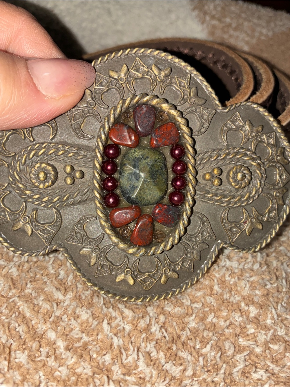 CAbi Brown Leather Belt with Ornate Brass-Tone Floral Buckle and Red Accents - Picture 2 of 8
